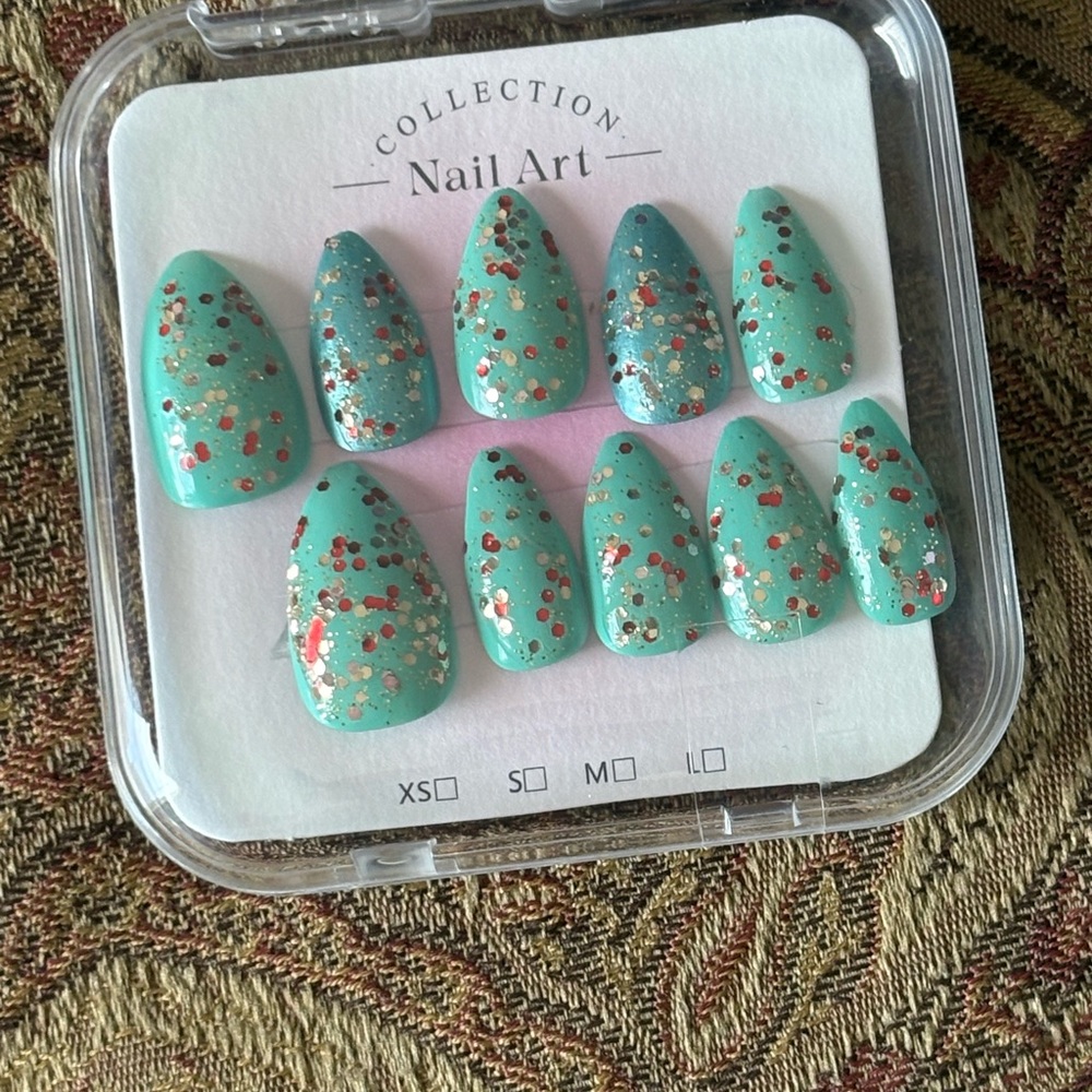 Aqua and Red Glitter Press-On Nails size S-M